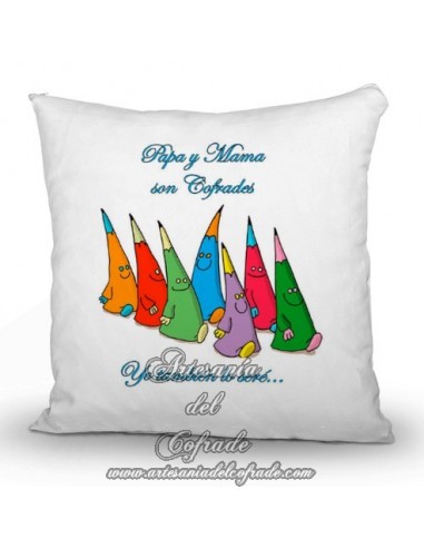 Cojin 35x35 ctm con el lema "Papa y mama son cofrades, yo también lo seré"