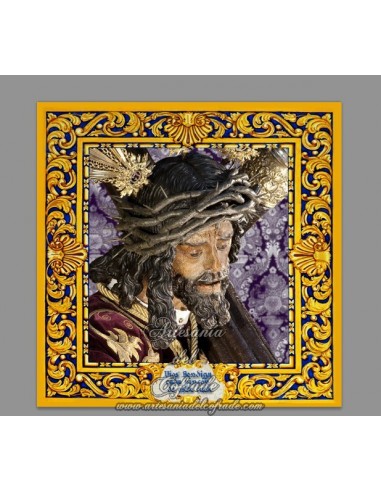 Azulejo cuadrado del Gran Poder de Sevilla con la frase "Dios bendiga cada rincón de esta casa".
