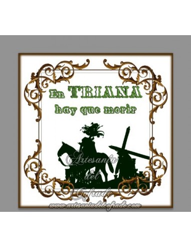 Azulejo rectangular con la silueta del Cristo de las Tres Caídas y la frase "En Triana hay que morir".