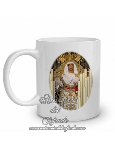 Taza de cerámica con la imagen de la Virgen de la Esperanza de Triana.