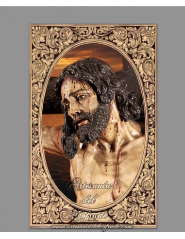 Azulejo rectangular con la imagen del Cristo de la Sed de Sevilla.