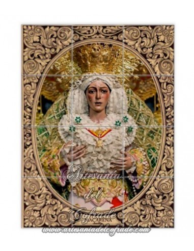 Retablo de 12 azulejos de la Virgen de la Esperanza Macarena de Sevilla con greca