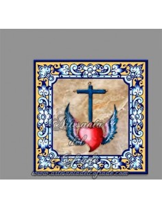 Azulejo religioso cuadrado con corazón y cruz