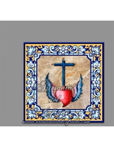Azulejo religioso cuadrado con corazón y cruz