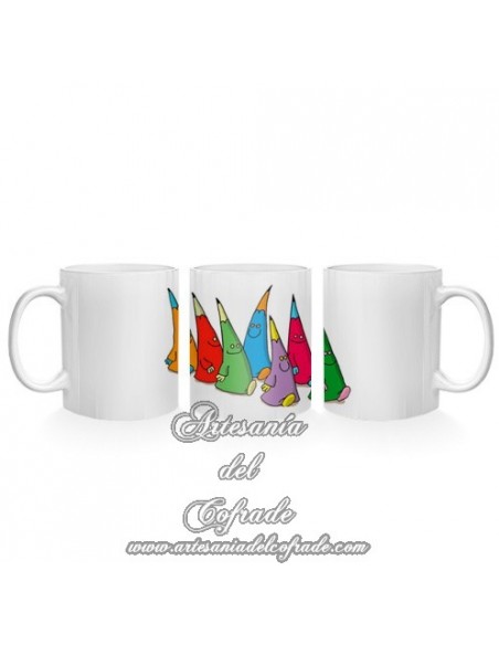 Taza Cofrade de cerámica con divertidos nazarenos de colores en venta en nuestra tienda de semana