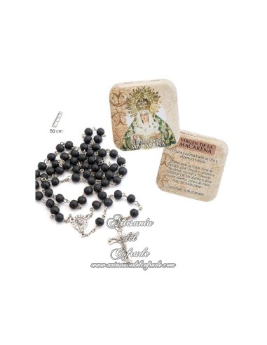 Rosario de madera con caja de  la Virgen de la Macarena en venta en nuestra tienda cofrade.