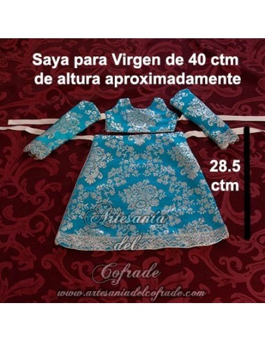 Saya de brocado celeste y plata con el filo plateado para Virgen de 40 ctm en venta en nuestra tienda cofrade