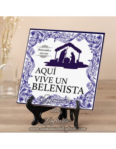 Azulejo cuadrado "Aqui vive un belenista" mod.azul solo en venta en nuestra tienda para el belenista.