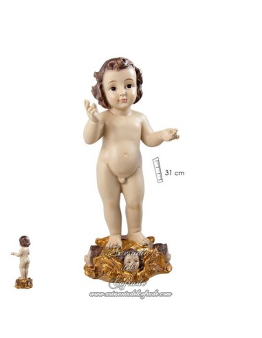 Niño Jesús de 31 ctm de altura con peana de ángeles en venta en nuestra tienda cofrade.