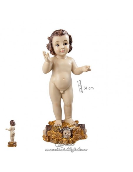 Niño Jesús de 31 ctm de altura con peana de ángeles en venta en nuestra tienda cofrade.