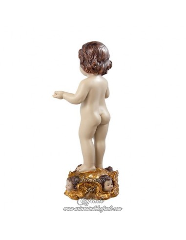 Niño Jesús de 31 ctm de altura con peana de ángeles en venta en nuestra tienda cofrade.