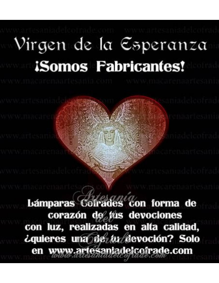En venta esta Lampara corazón con la Virgen de la Esperanza de Triana. Solo en venta en nuestra tienda cofrade.