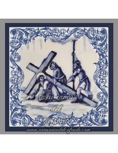 Conjunto de 14 azulejos cuadrados con las estaciones del Via crucis.