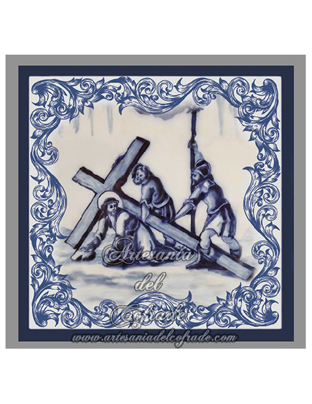Conjunto de 14 azulejos cuadrados con las estaciones del Via crucis.