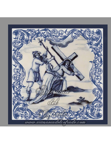 Conjunto de 14 azulejos cuadrados con las estaciones del Via crucis.