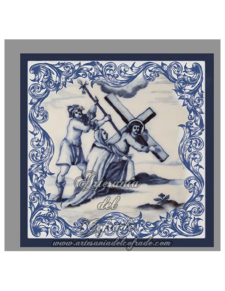 Conjunto de 14 azulejos cuadrados con las estaciones del Via crucis.