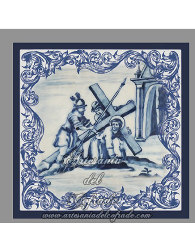 Conjunto de 14 azulejos cuadrados con las estaciones del Via crucis.