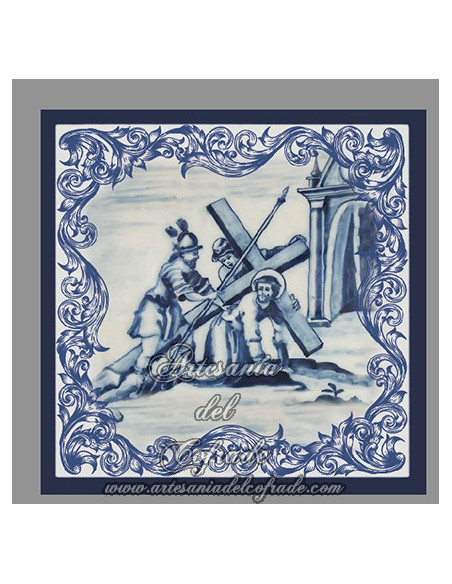 Conjunto de 14 azulejos cuadrados con las estaciones del Via crucis.