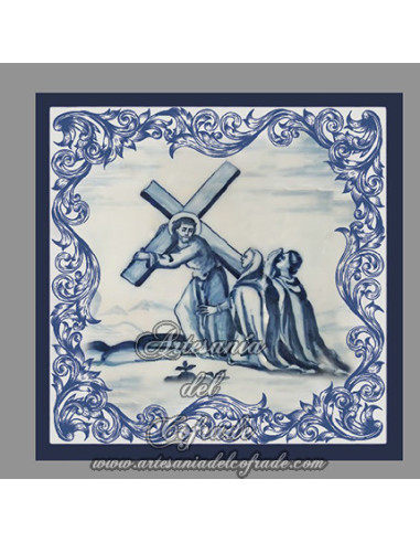 Conjunto de 14 azulejos cuadrados con las estaciones del Via crucis.