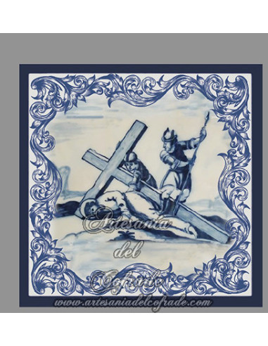 Conjunto de 14 azulejos cuadrados con las estaciones del Via crucis.