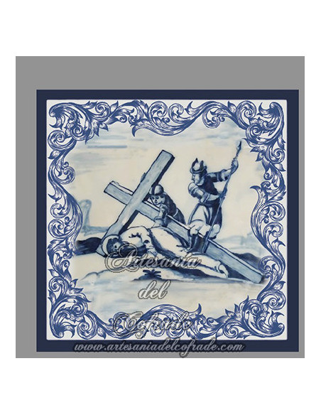 Conjunto de 14 azulejos cuadrados con las estaciones del Via crucis.