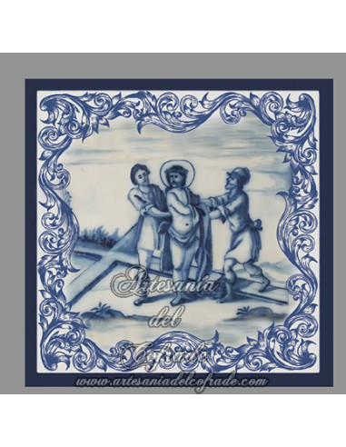 Conjunto de 14 azulejos cuadrados con las estaciones del Via crucis.