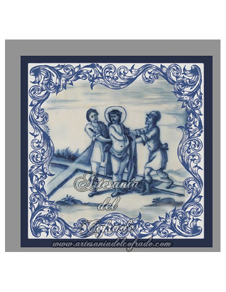 Conjunto de 14 azulejos cuadrados con las estaciones del Via crucis.