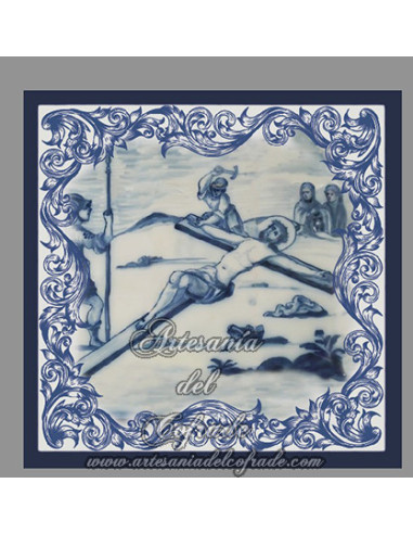 Conjunto de 14 azulejos cuadrados con las estaciones del Via crucis.