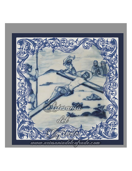 Conjunto de 14 azulejos cuadrados con las estaciones del Via crucis.