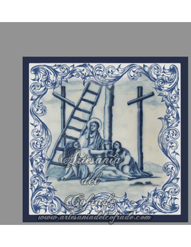 Conjunto de 14 azulejos cuadrados con las estaciones del Via crucis.