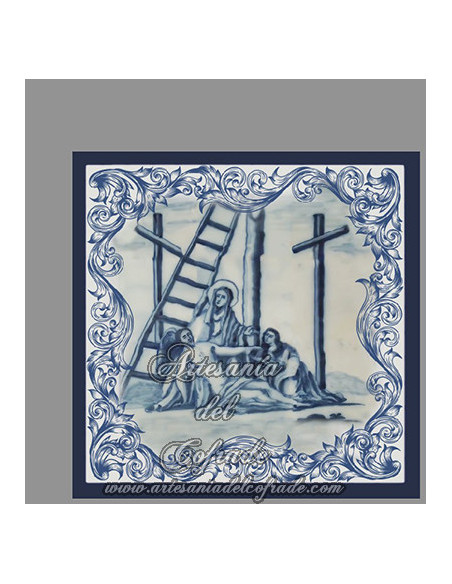 Conjunto de 14 azulejos cuadrados con las estaciones del Via crucis.