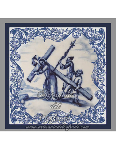 Conjunto de 14 azulejos cuadrados con las estaciones del Via crucis.