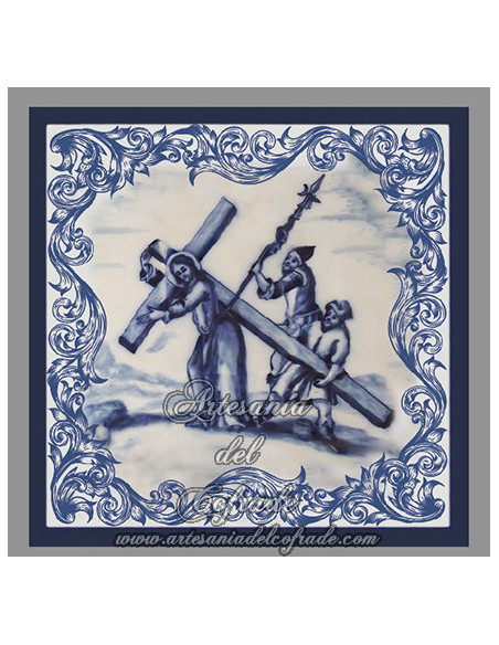 Conjunto de 14 azulejos cuadrados con las estaciones del Via crucis.