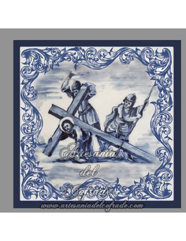 Conjunto de 14 azulejos cuadrados con las estaciones del Via crucis.