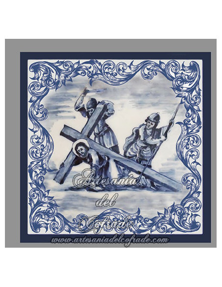 Conjunto de 14 azulejos cuadrados con las estaciones del Via crucis.