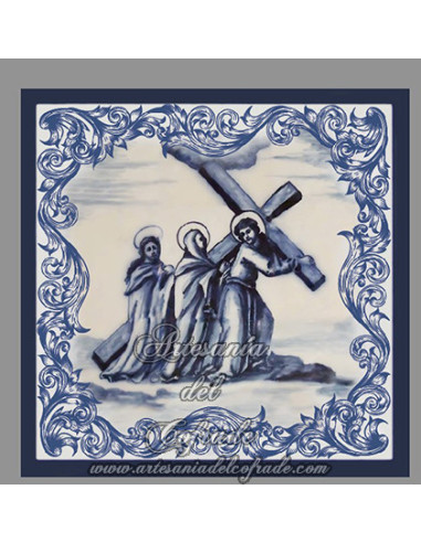 Conjunto de 14 azulejos cuadrados con las estaciones del Via crucis.
