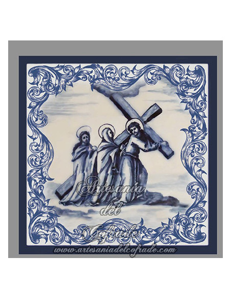 Conjunto de 14 azulejos cuadrados con las estaciones del Via crucis.