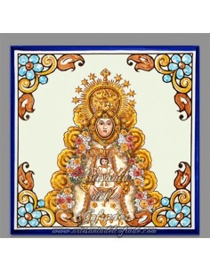 Bonito azulejo cuadrado con greca de la Virgen del Rocio