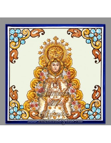 Bonito azulejo cuadrado con greca de la Virgen del Rocio