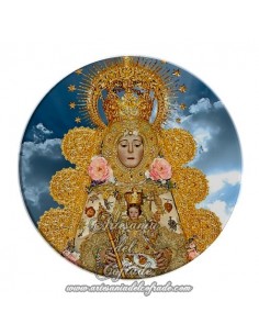 Imán redondo plastico de la Virgen del Rocio con cielo (Patrona de Almonte)