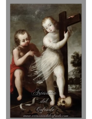 Azulejo rectangular del Niño Jesús abrazando a la Cruz y San Juanito